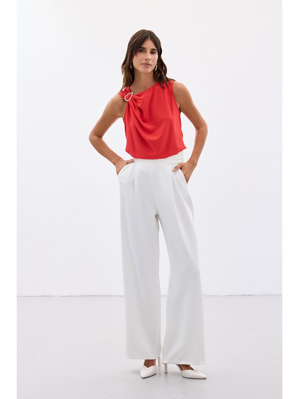 Tek Omuz Detaylı Bluz - Kırmızı-4