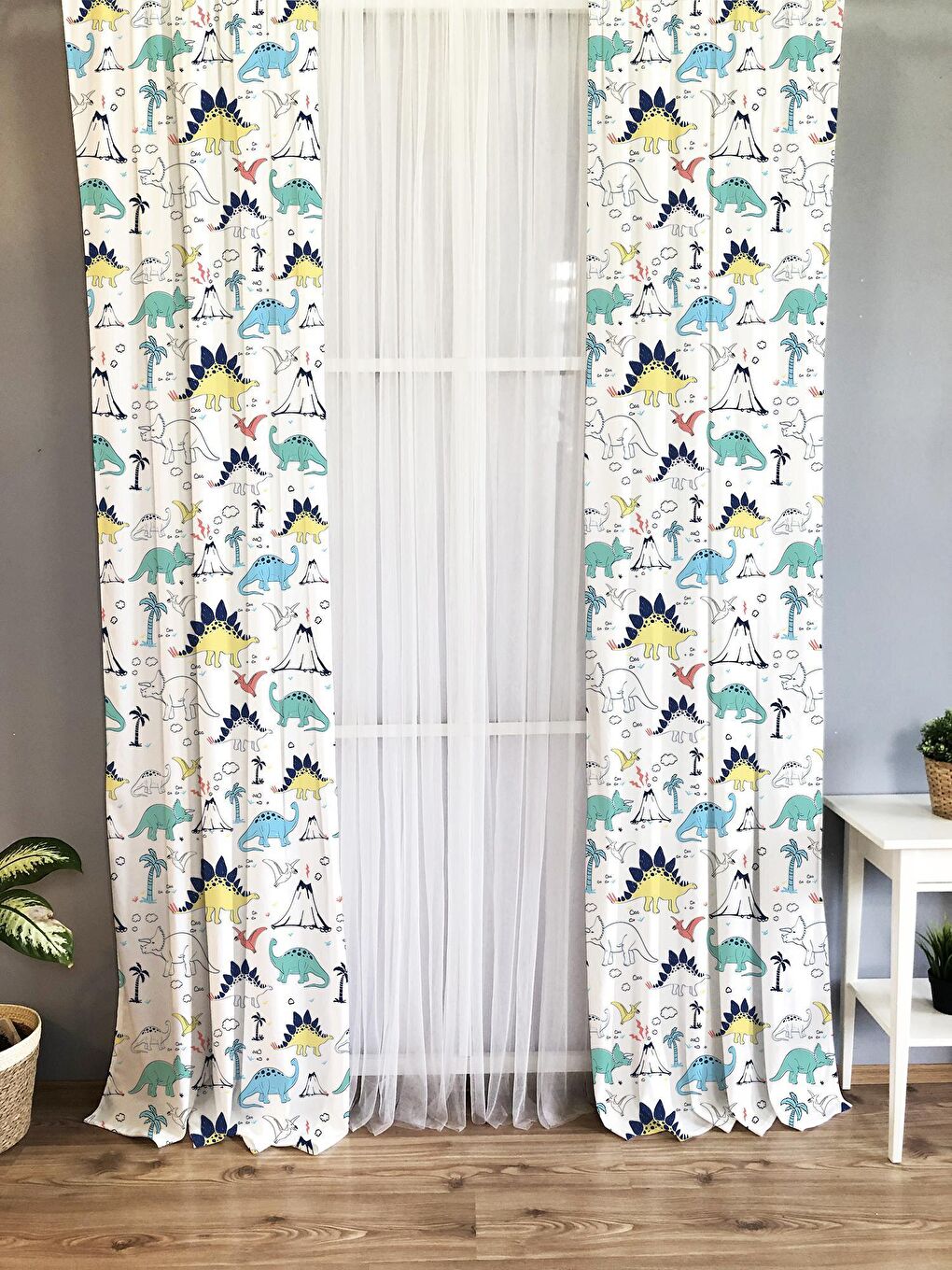 Karışık Dinozor Desenli Çocuk Ve Bebek Odası TEK KANAT Fon Perde