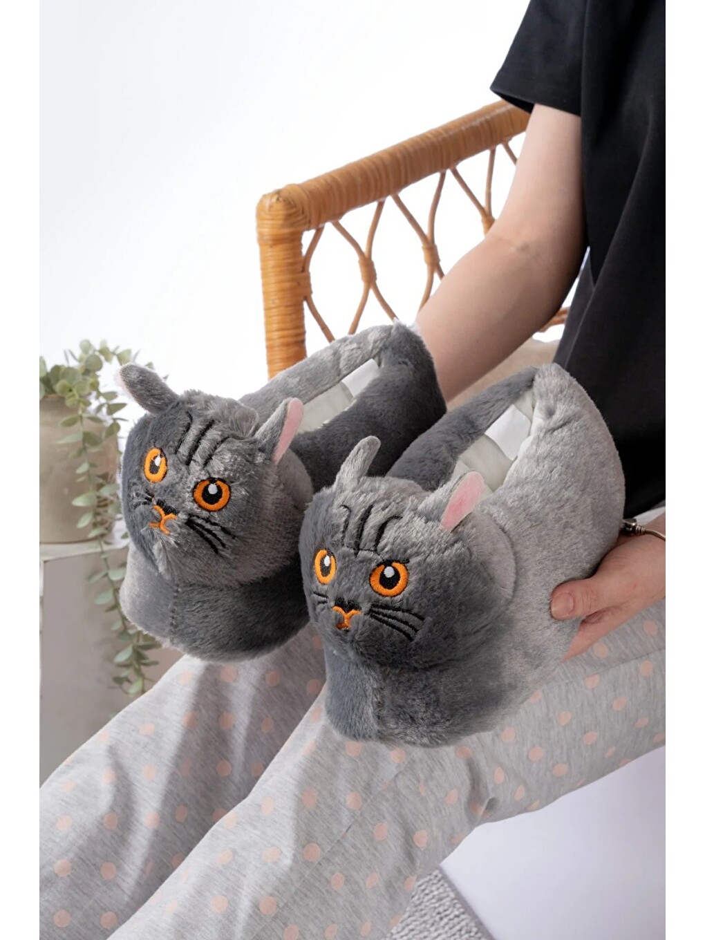 Gri Kedi Figürlü Pelüş Panduf Ev Pandufu Unisex-3