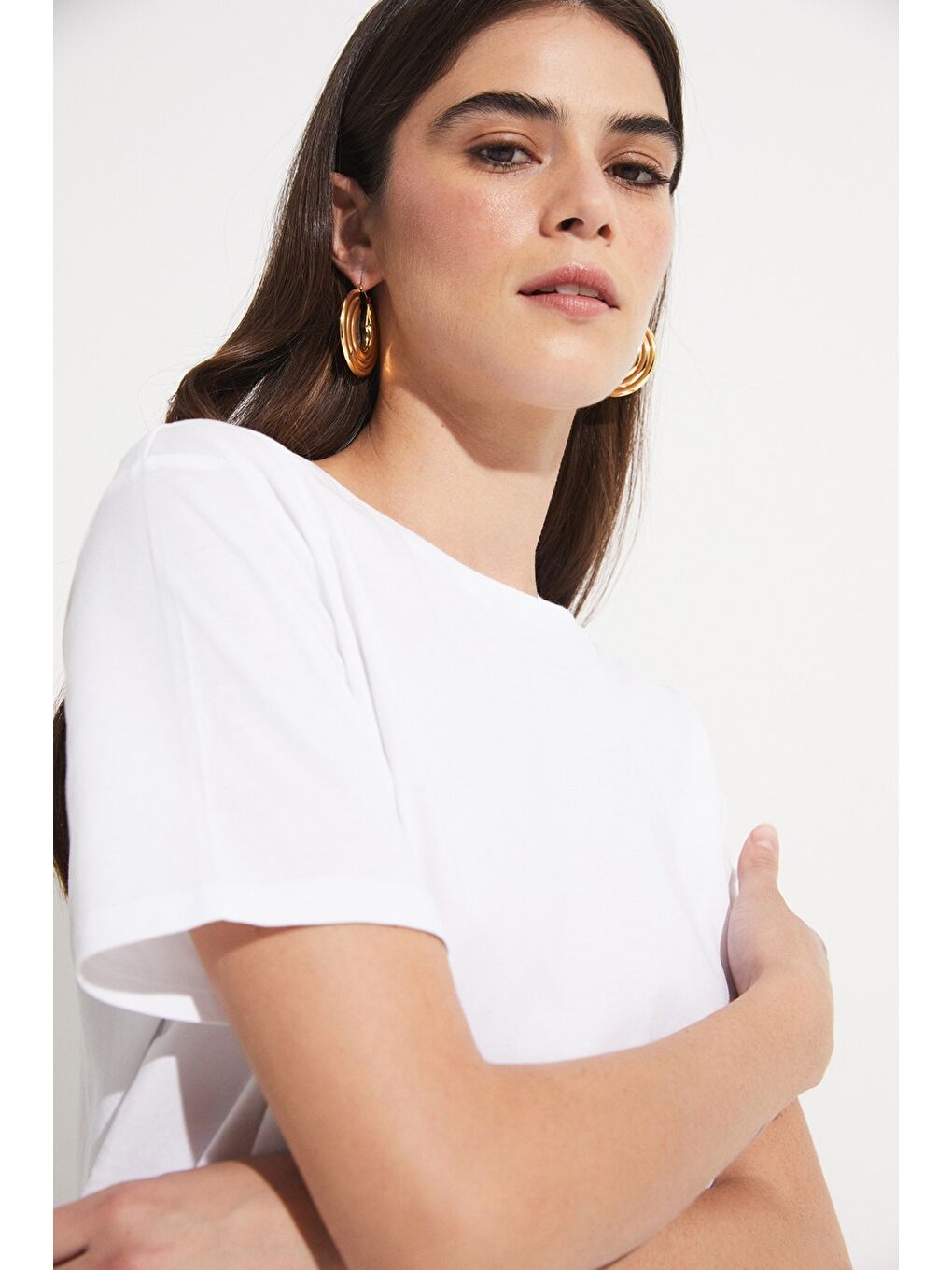 Beyaz Pamuk Regular/Normal Kalıp Kısa Kollu Basic Bisiklet Yaka Örme Tişört-1