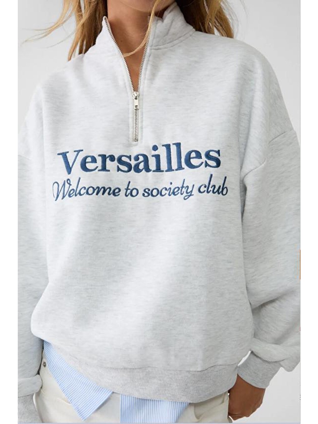 Beyaz Karmelanj Yarım Fermuarlı Baskılı Sweatshirt Mg2240-1