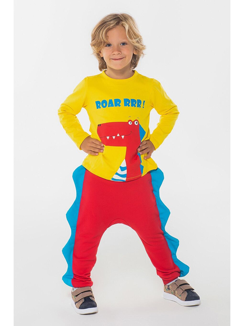 Kırmızı Dinozor Tırtırlı Erkek Çocuk Pantolon + Tshirt Takım
