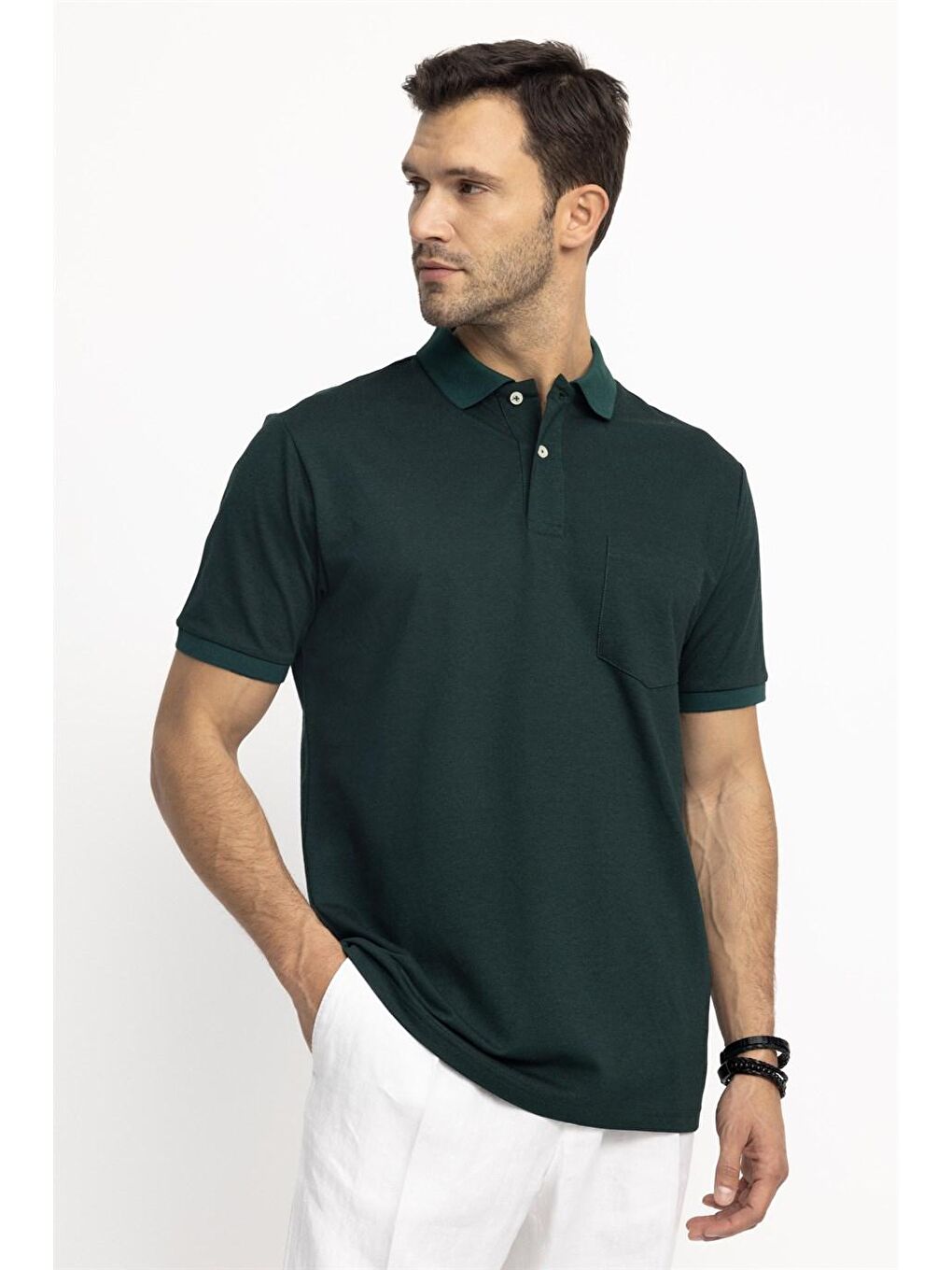 Erkek Polo Yaka Klasik Fit Düz Pamuklu Cepli Pike Yeşil Tişört