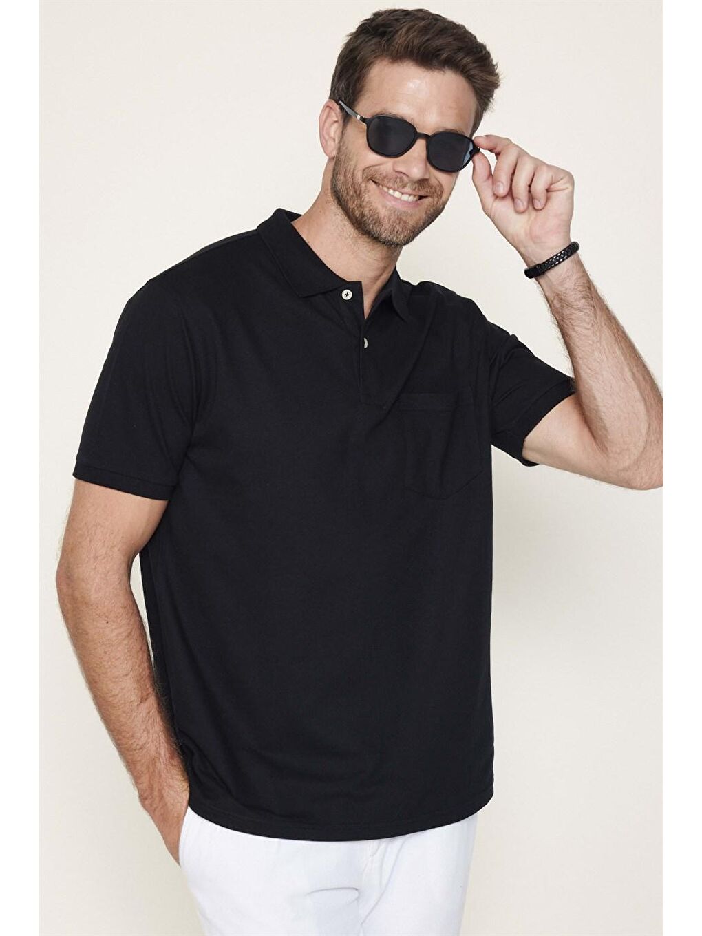 Erkek Polo Yaka Klasik Fit Düz Pamuklu Cepli Pike Siyah Tişört