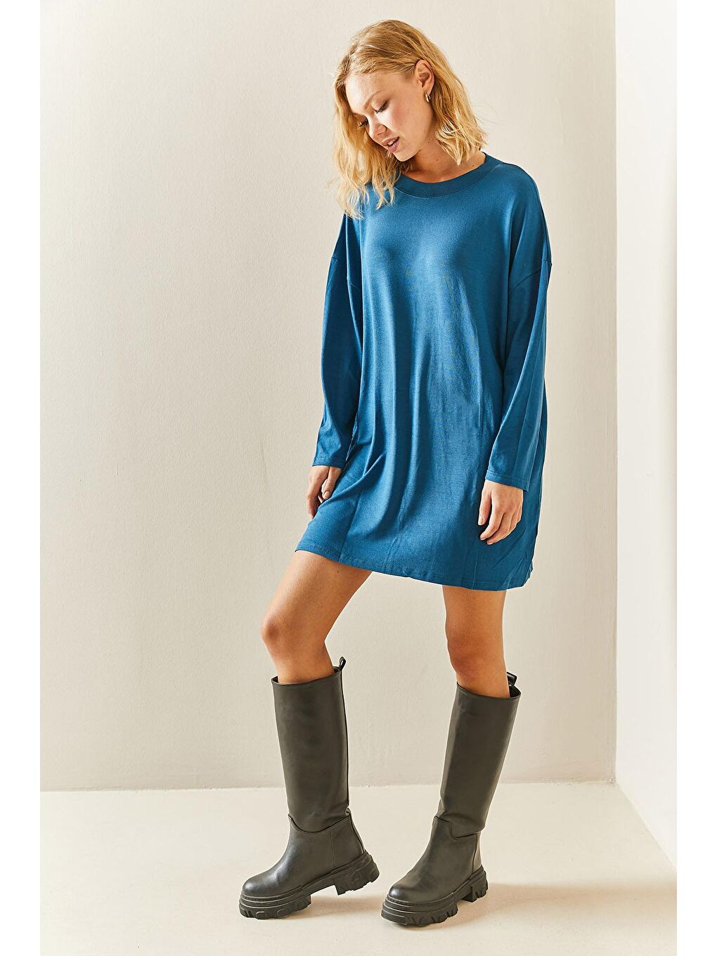 Petrol Mavisi Bisiklet Yaka Dökümlü Örme Elbise 3YXK6-47544-42-1