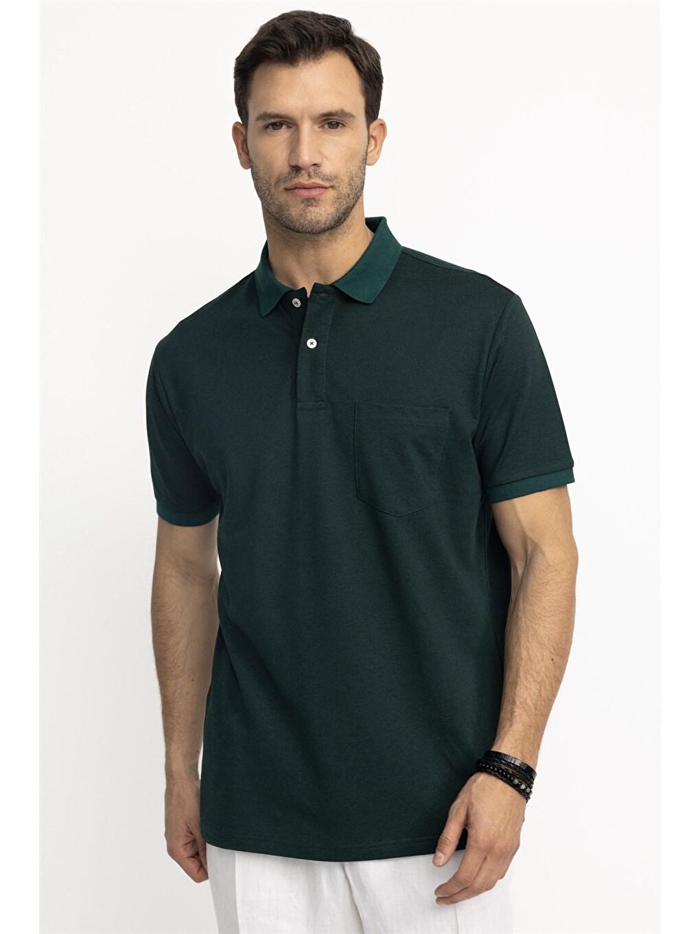 Erkek Polo Yaka Klasik Fit Düz Pamuklu Cepli Pike Yeşil Tişört-1