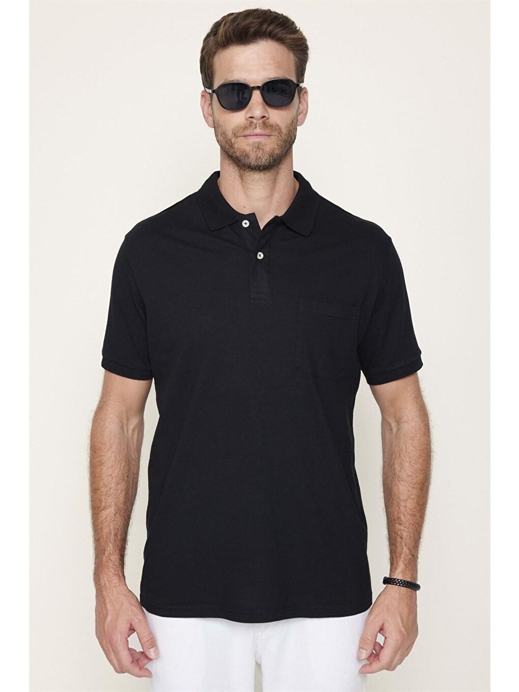 Erkek Polo Yaka Klasik Fit Düz Pamuklu Cepli Pike Siyah Tişört-1