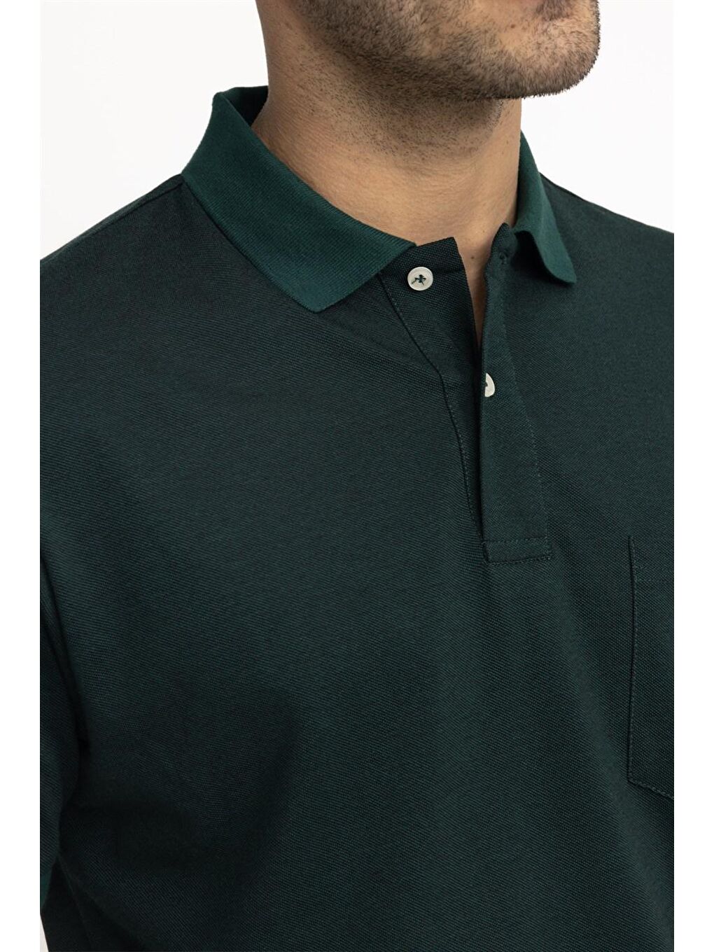 Erkek Polo Yaka Klasik Fit Düz Pamuklu Cepli Pike Yeşil Tişört-2