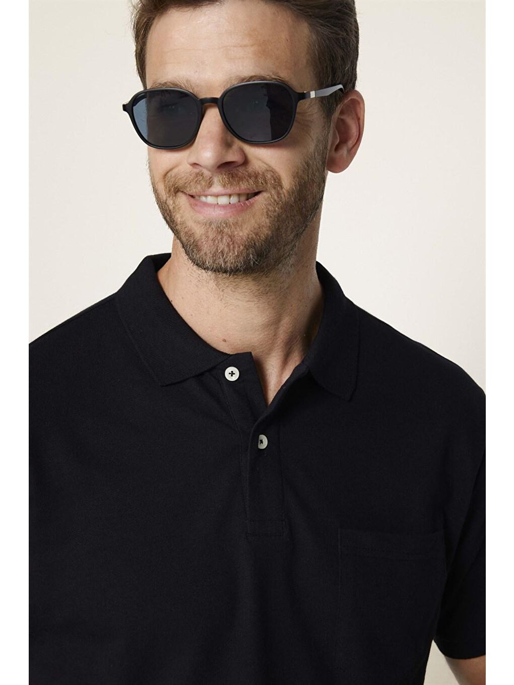 Erkek Polo Yaka Klasik Fit Düz Pamuklu Cepli Pike Siyah Tişört-2