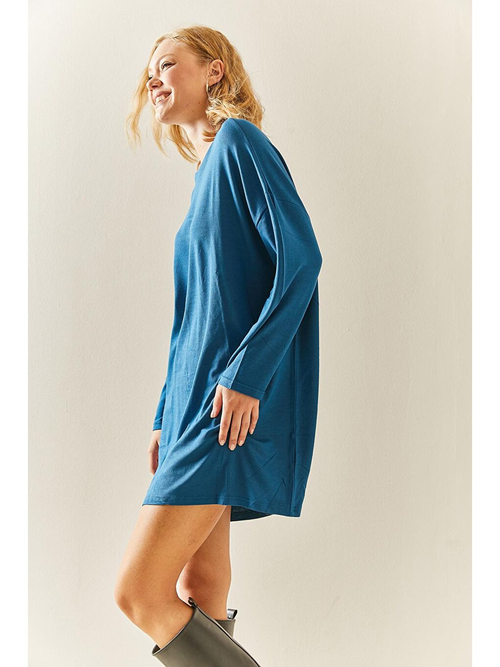 Petrol Mavisi Bisiklet Yaka Dökümlü Örme Elbise 3YXK6-47544-42-2