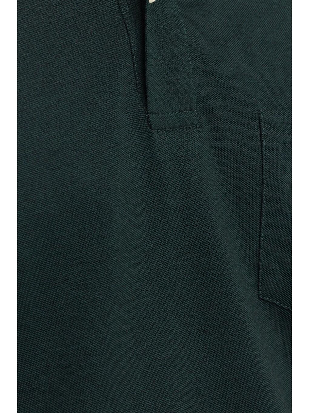 Erkek Polo Yaka Klasik Fit Düz Pamuklu Cepli Pike Yeşil Tişört-4