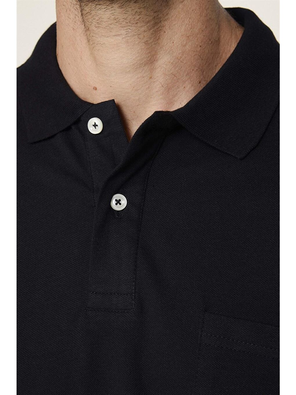 Erkek Polo Yaka Klasik Fit Düz Pamuklu Cepli Pike Siyah Tişört-3