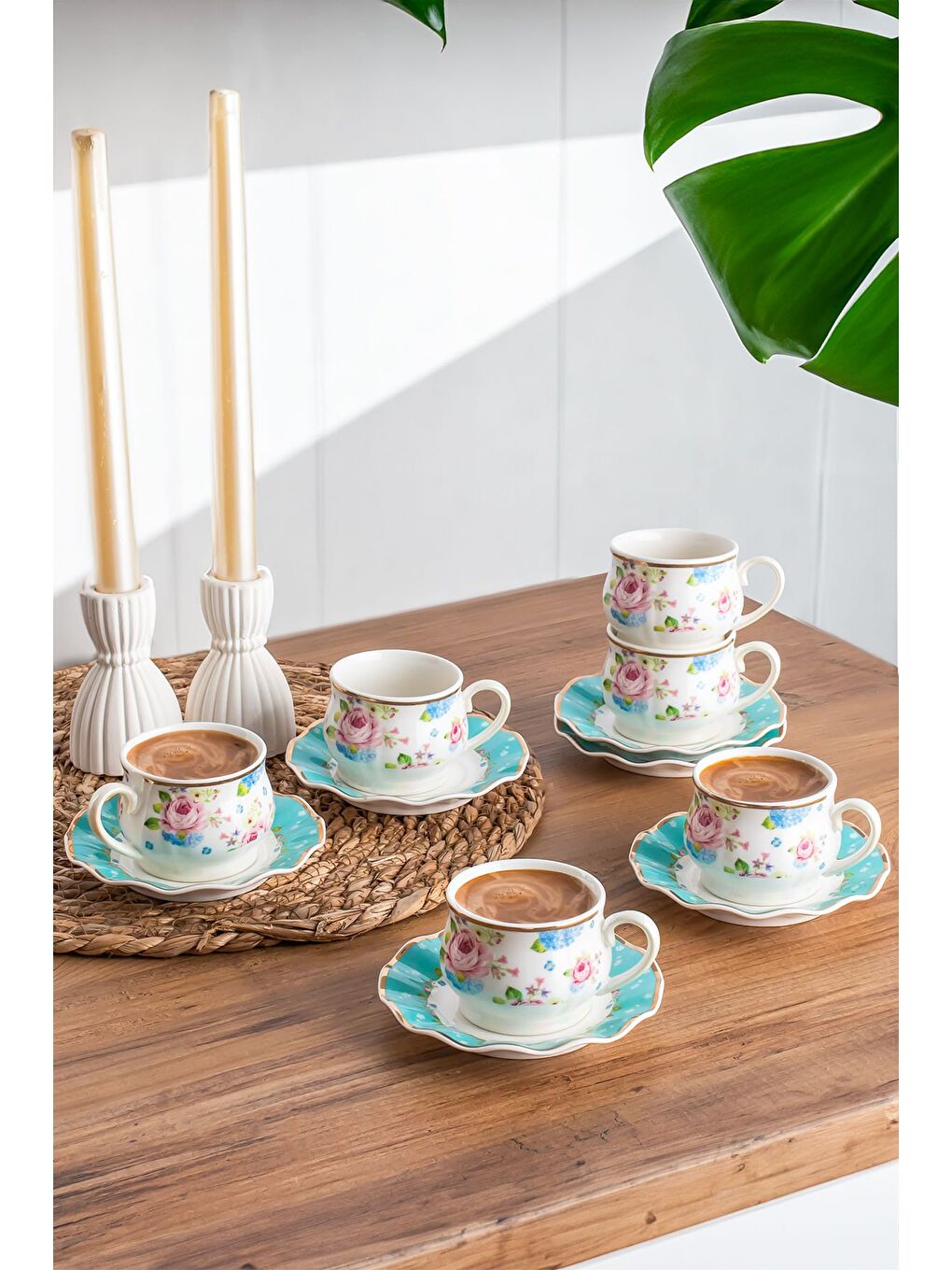 Beyaz Mila Porselen Altın Yaldızlı 6 Kişilik 12 Parça Fincan Seti Türk Kahvesi Takımı Kahve Fincanı-1