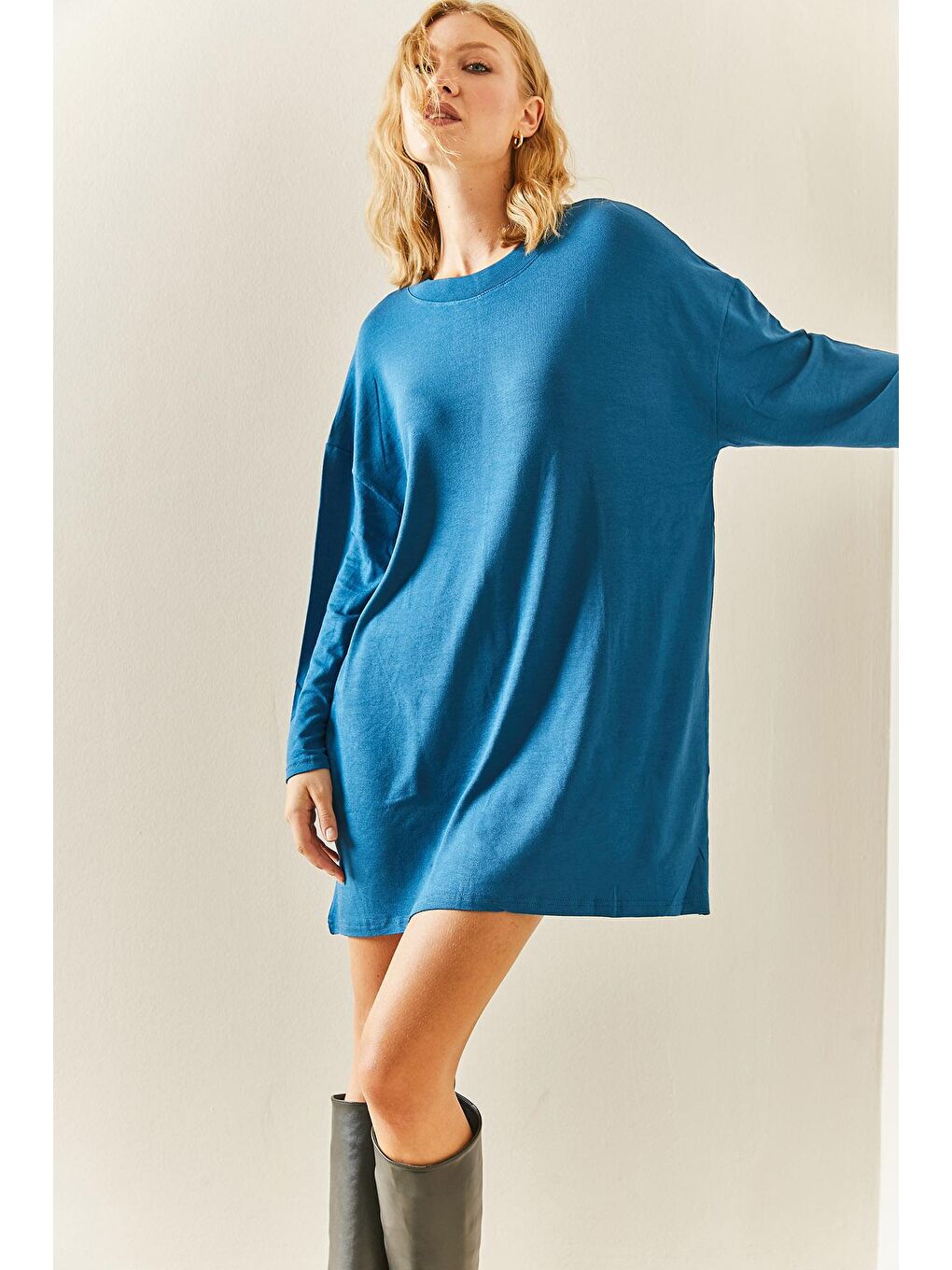 Petrol Mavisi Bisiklet Yaka Dökümlü Örme Elbise 3YXK6-47544-42-3