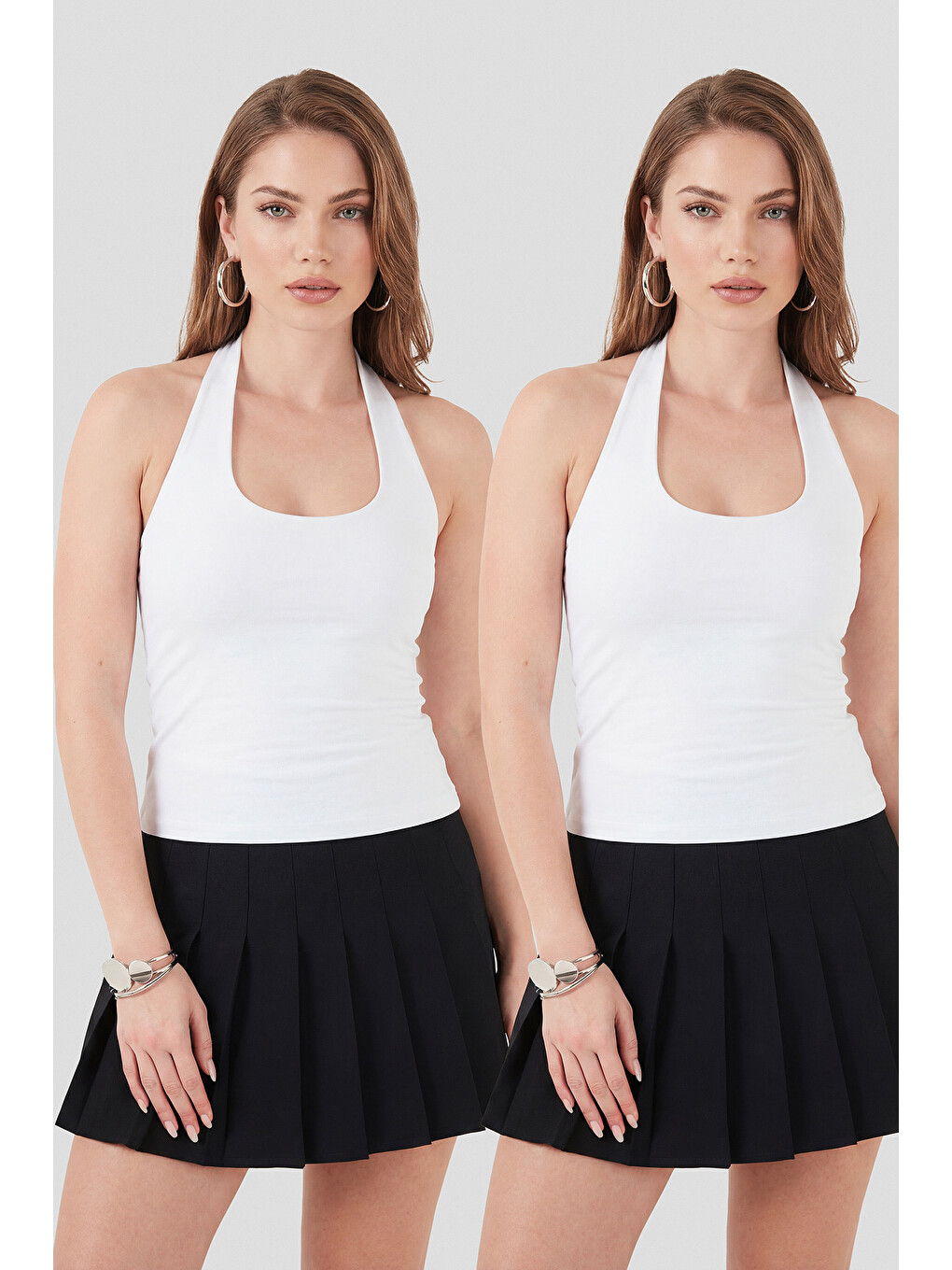 Beyaz Slim Fit Halter Yaka Sırt Dekolteli İkili Paket Bluz 5866664