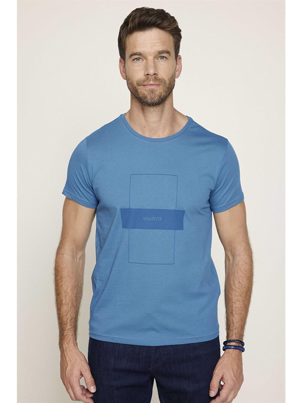 Erkek Slim Fit Dar Kesim %100 Pamuk Yumuşak Dokulu Baskılı Mavi Bisiklet Yaka Tişört