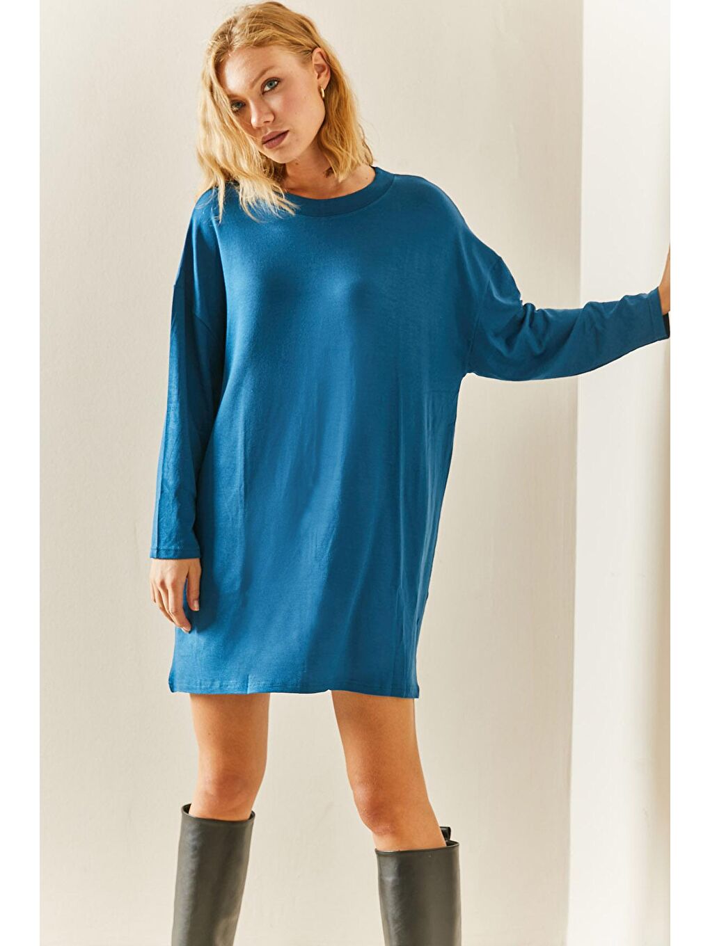 Petrol Mavisi Bisiklet Yaka Dökümlü Örme Elbise 3YXK6-47544-42-4