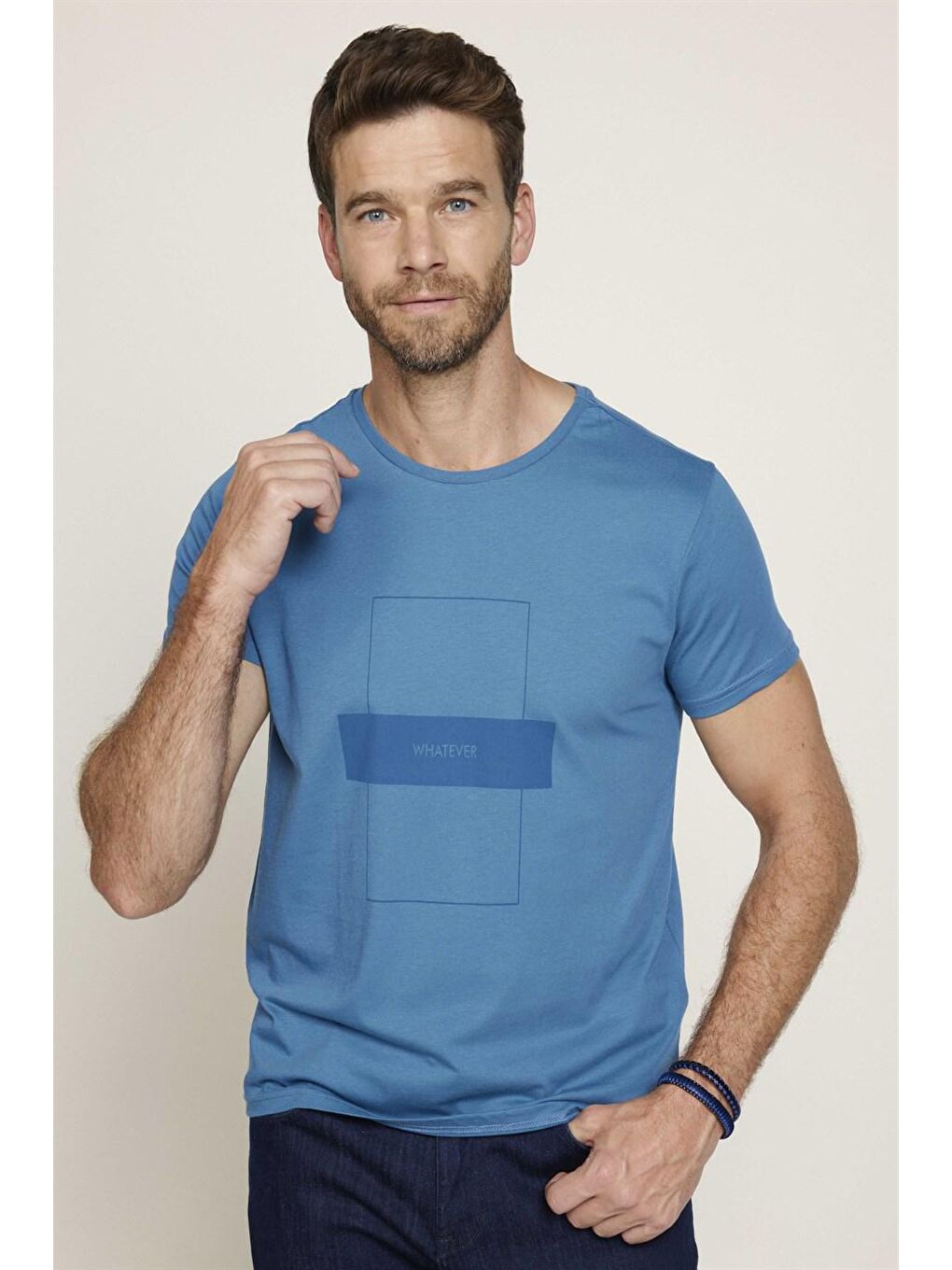 Erkek Slim Fit Dar Kesim %100 Pamuk Yumuşak Dokulu Baskılı Mavi Bisiklet Yaka Tişört-1