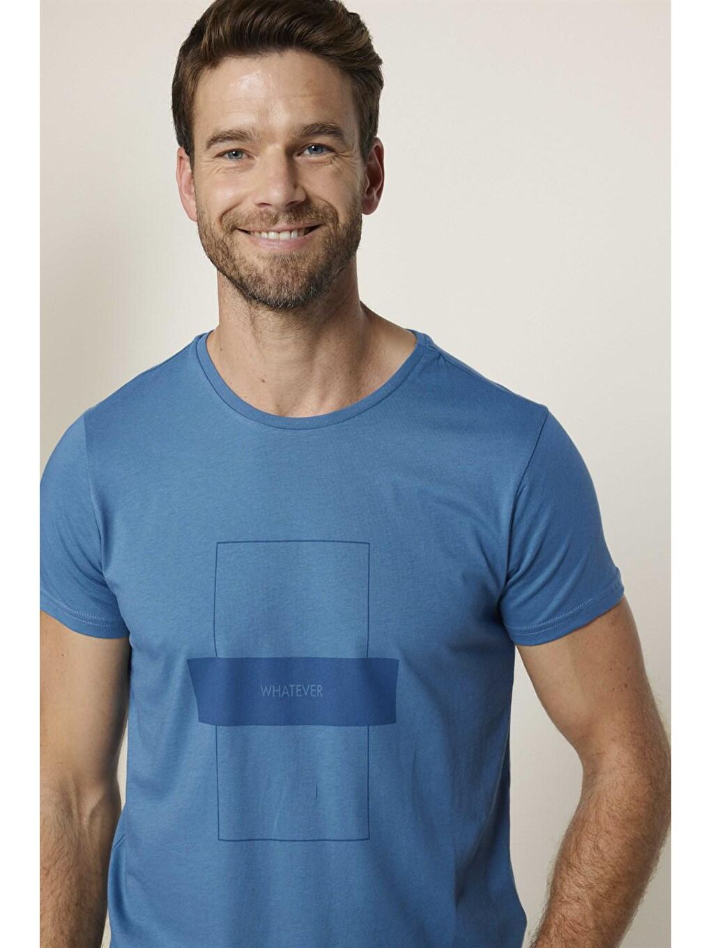 Erkek Slim Fit Dar Kesim %100 Pamuk Yumuşak Dokulu Baskılı Mavi Bisiklet Yaka Tişört-2