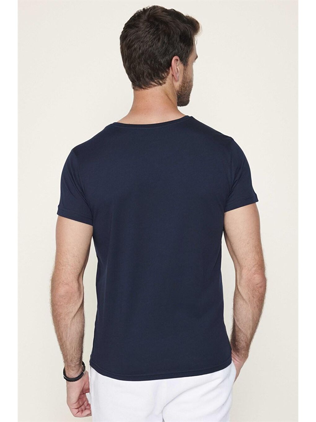 Erkek Slim Fit Dar Kesim %100 Pamuk Yumuşak Dokulu Baskılı Lacivert Bisiklet Yaka Tişört-4