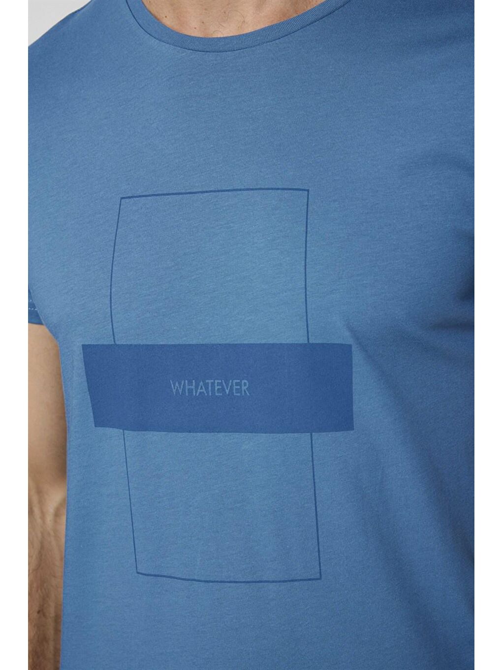 Erkek Slim Fit Dar Kesim %100 Pamuk Yumuşak Dokulu Baskılı Mavi Bisiklet Yaka Tişört-3