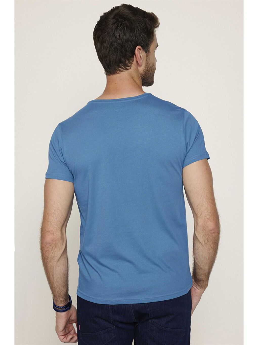 Erkek Slim Fit Dar Kesim %100 Pamuk Yumuşak Dokulu Baskılı Mavi Bisiklet Yaka Tişört-4