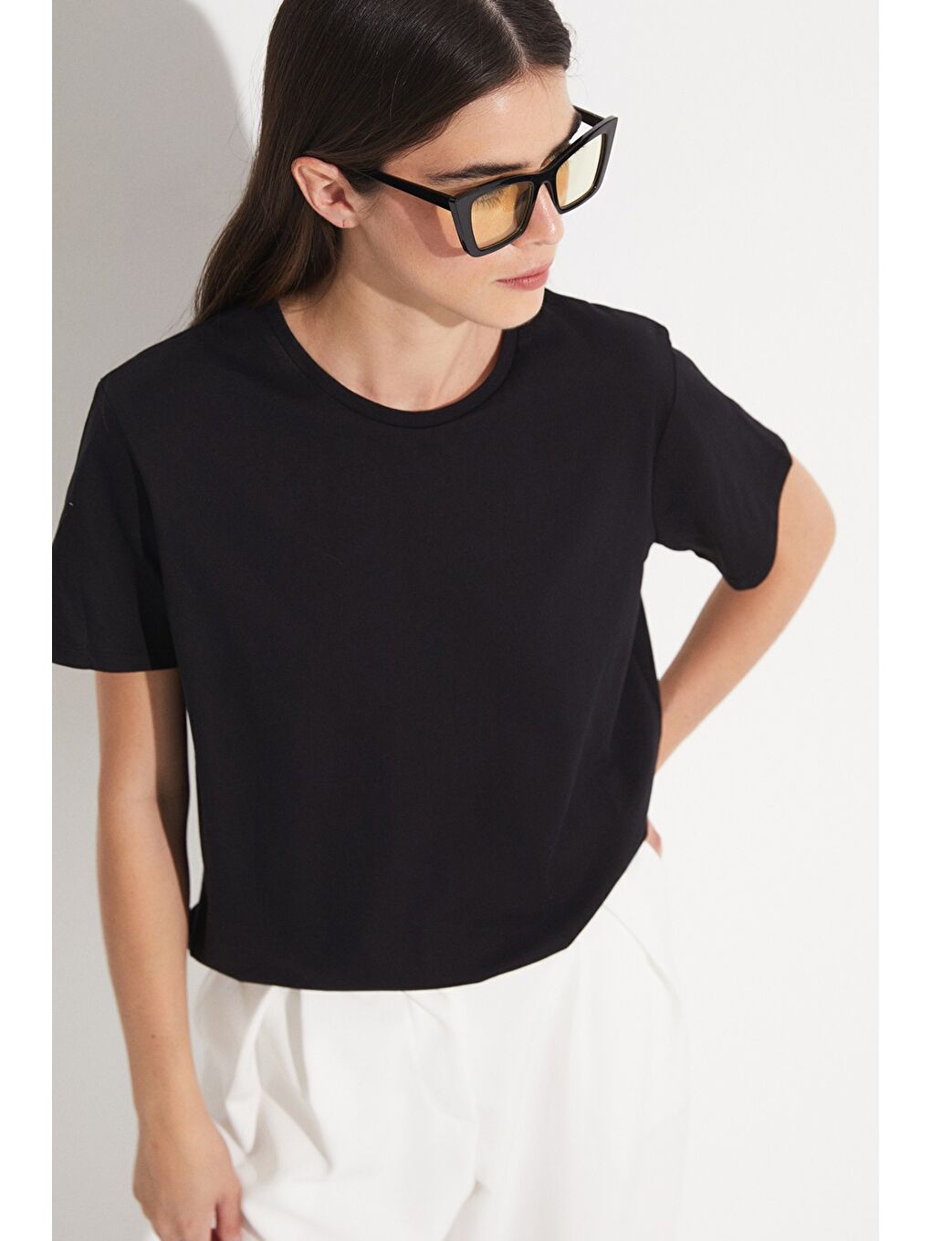 Siyah Pamuk Regular/Normal Kalıp Kısa Kollu Basic Bisiklet Yaka Örme Tişört-1