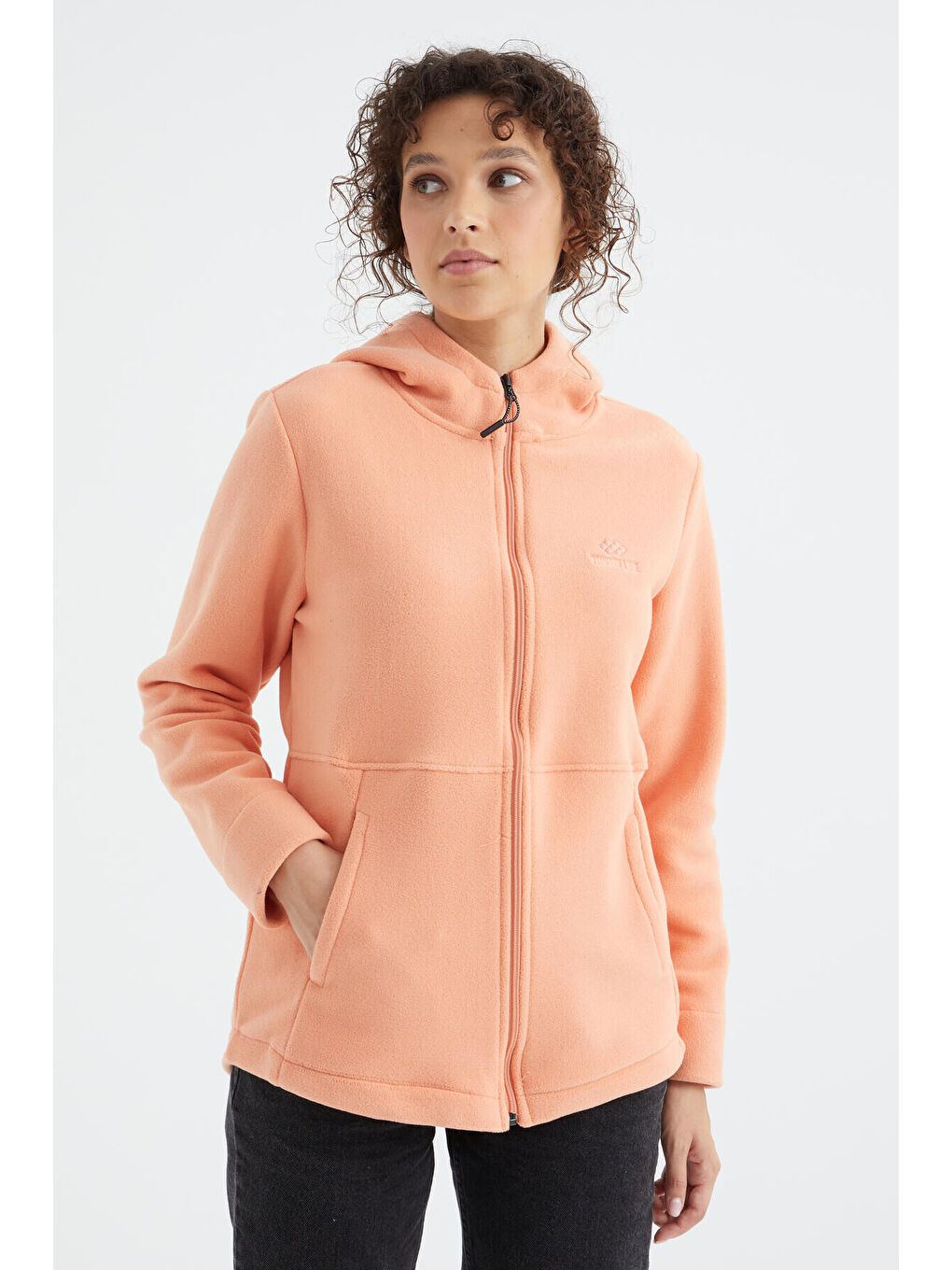 Turuncu Kavun Içi Kapüşonlu Fermuarlı Rahat Form Kadın Polar Sweatshirt - 97233