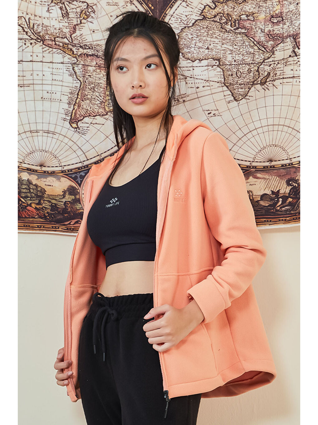 Turuncu Kavun Içi Kapüşonlu Fermuarlı Rahat Form Kadın Polar Sweatshirt - 97233-1