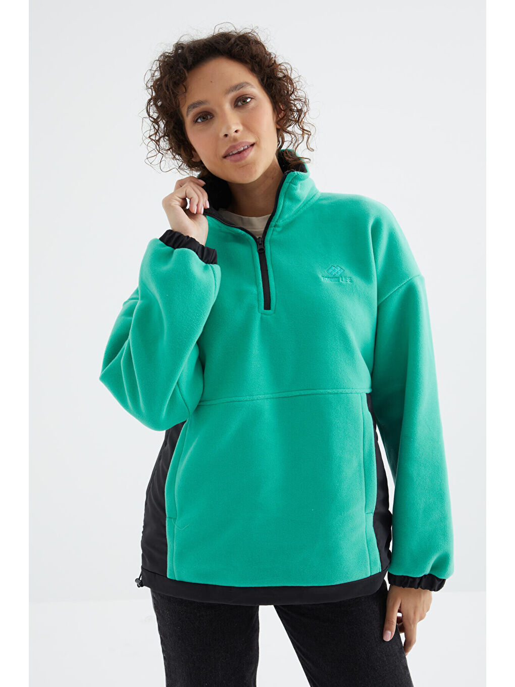 Deniz Yeşili Yarım Fermuar Etek Ucu Büzgülü Dik Yaka  Oversize Kadın Polar Sweatshirt - 97236-3