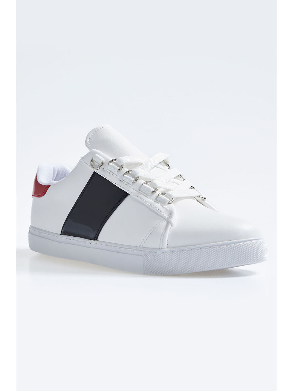 Beyaz - Siyah Bağcıklı Şerit Detaylı Suni Deri Kadın Spor Ayakkabı - 89202-4