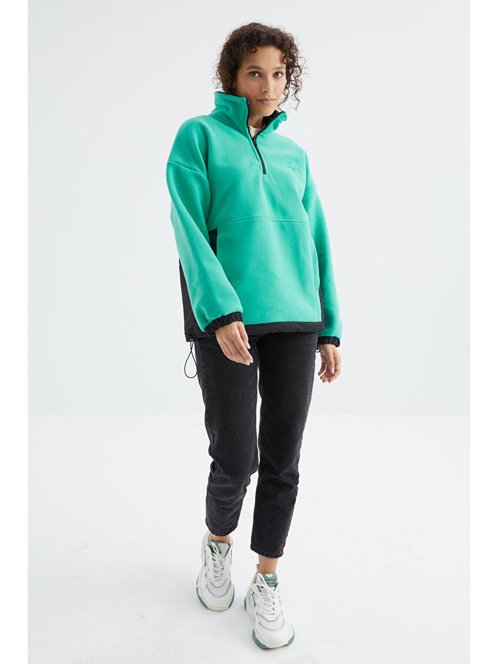 Deniz Yeşili Yarım Fermuar Etek Ucu Büzgülü Dik Yaka  Oversize Kadın Polar Sweatshirt - 97236-4