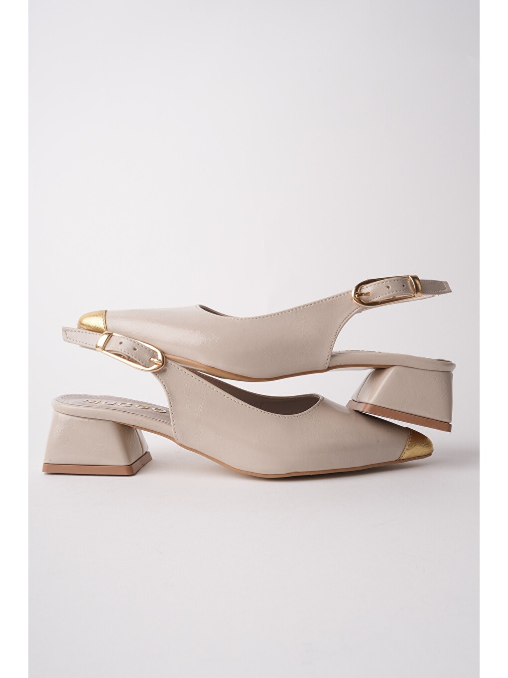 Bej Chance Gold Burun Detaylı Sivri Burun Arkası Açık Kadın Kısa Topuklu Ayakkabı-2