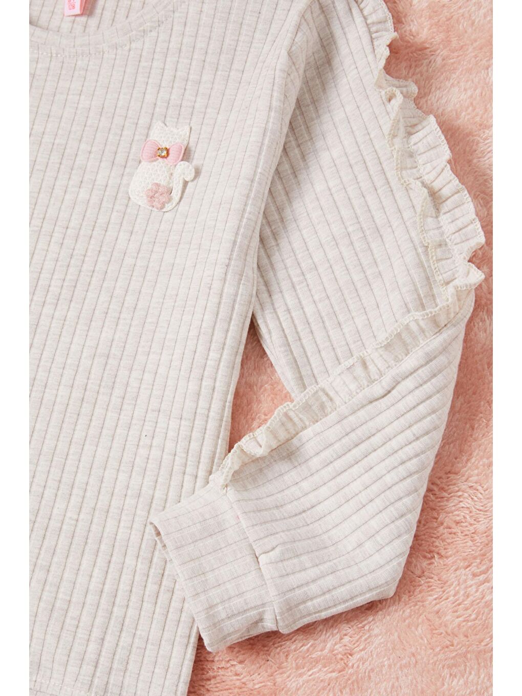 Ekru Krem Fırfırlı Kedi Nakışlı Kız Çocuk Badi 16578-1