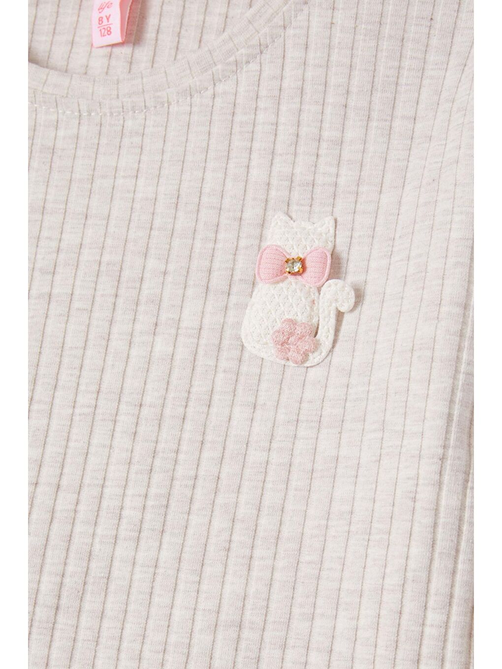 Ekru Krem Fırfırlı Kedi Nakışlı Kız Çocuk Badi 16578-2