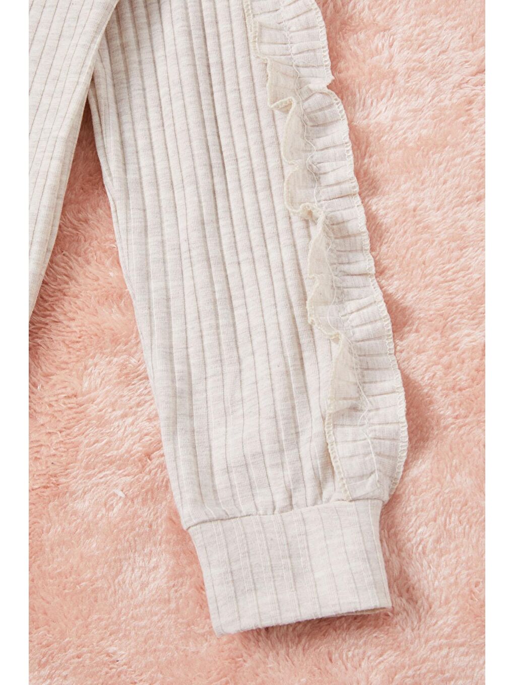 Ekru Krem Fırfırlı Kedi Nakışlı Kız Çocuk Badi 16578-3