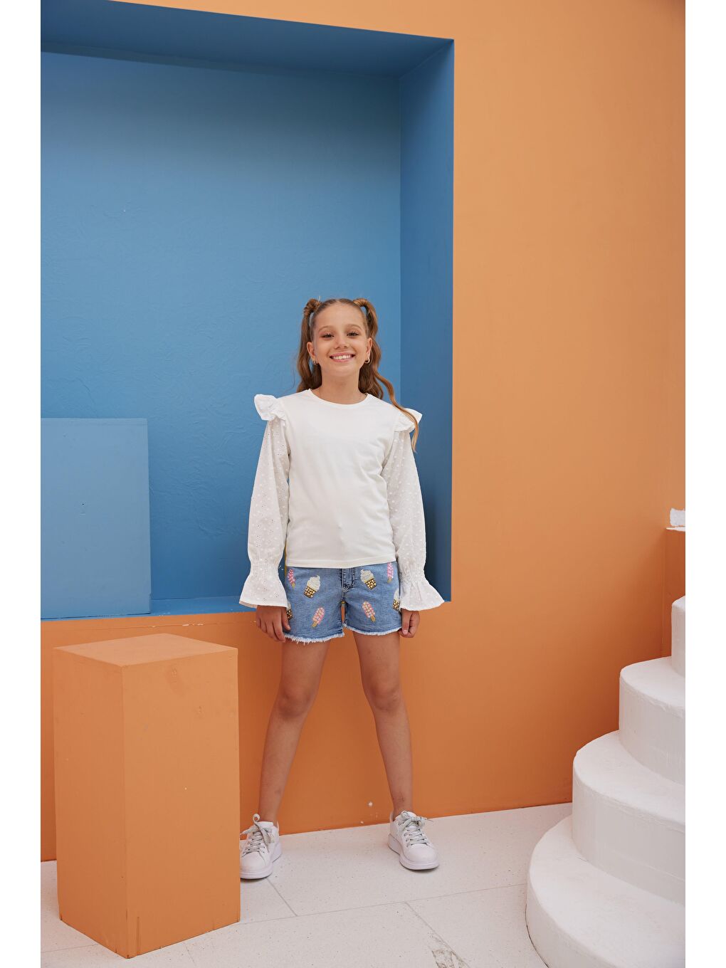 Mavi Kız Çocuk Dondurmalı Jean Şort-1