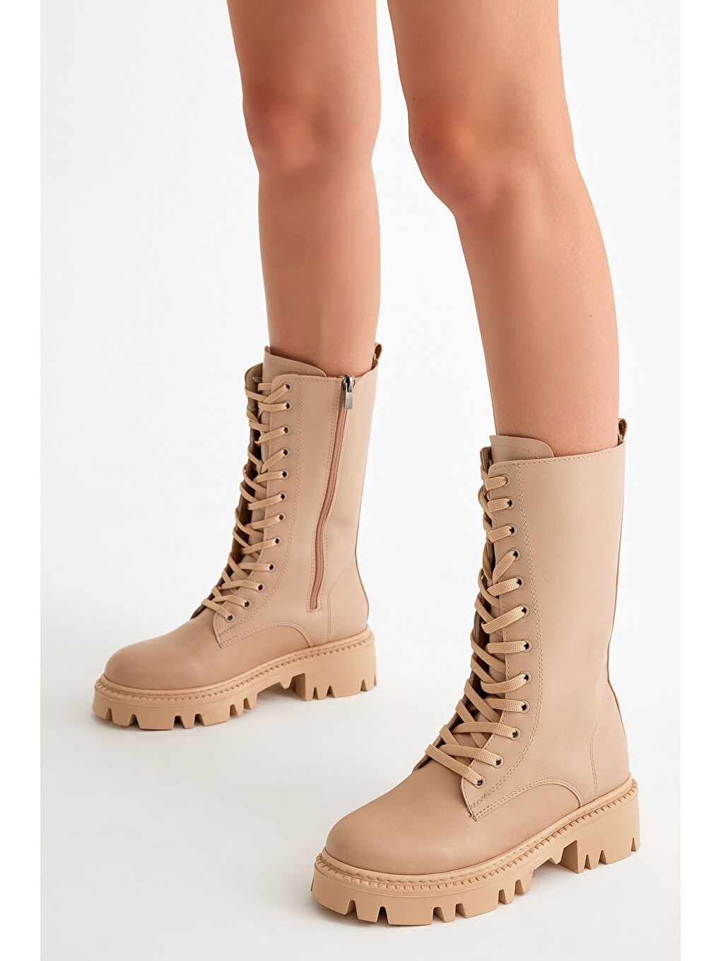 Bej Kadın Nude Cilt Rahat Kalıp Bağcıklı Çorap Çizme-2