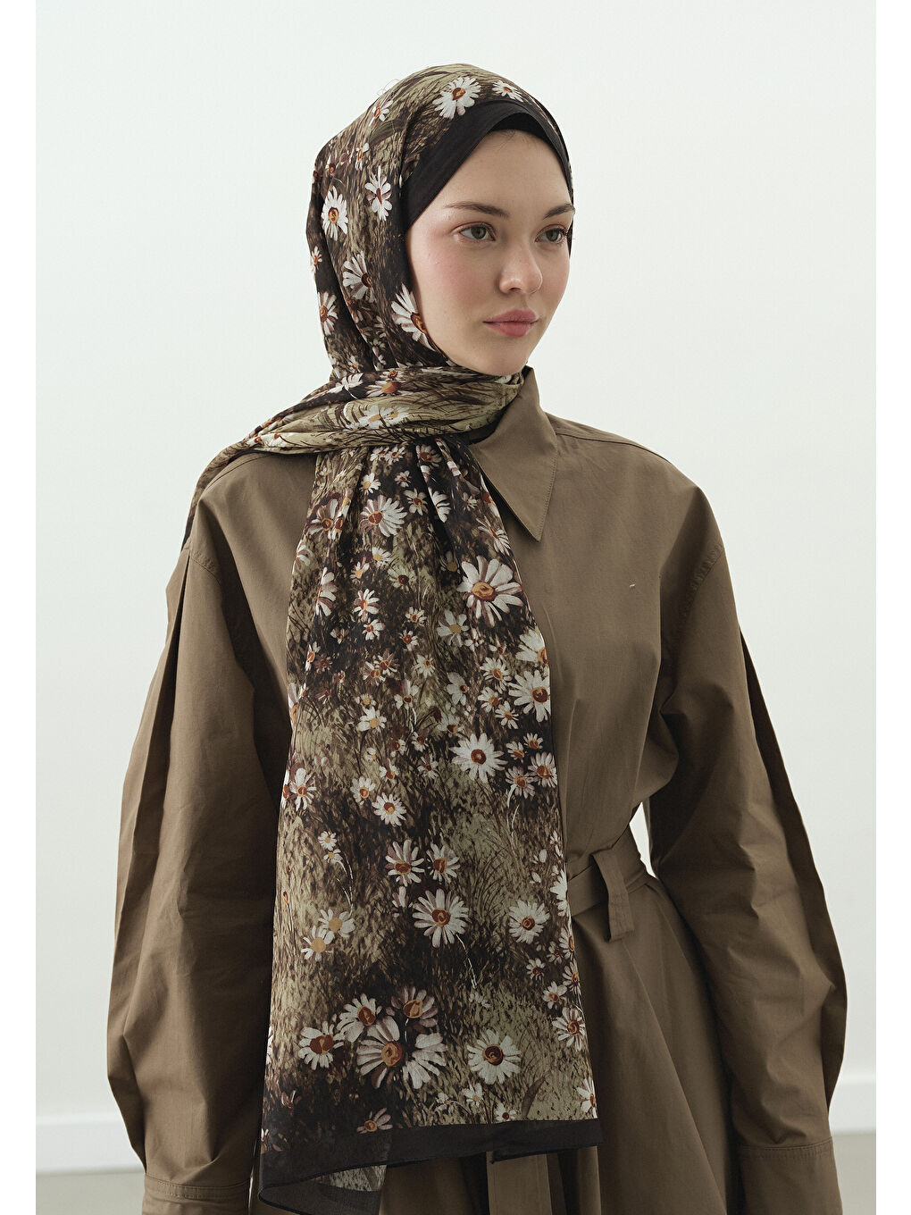 Bej Vizon Tıny Daısy Desenli Pamuk Viskon Şal