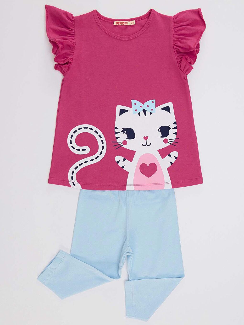 Karışık Fırfırlı Beyaz Kedicik Tişört Tayt Takım-2