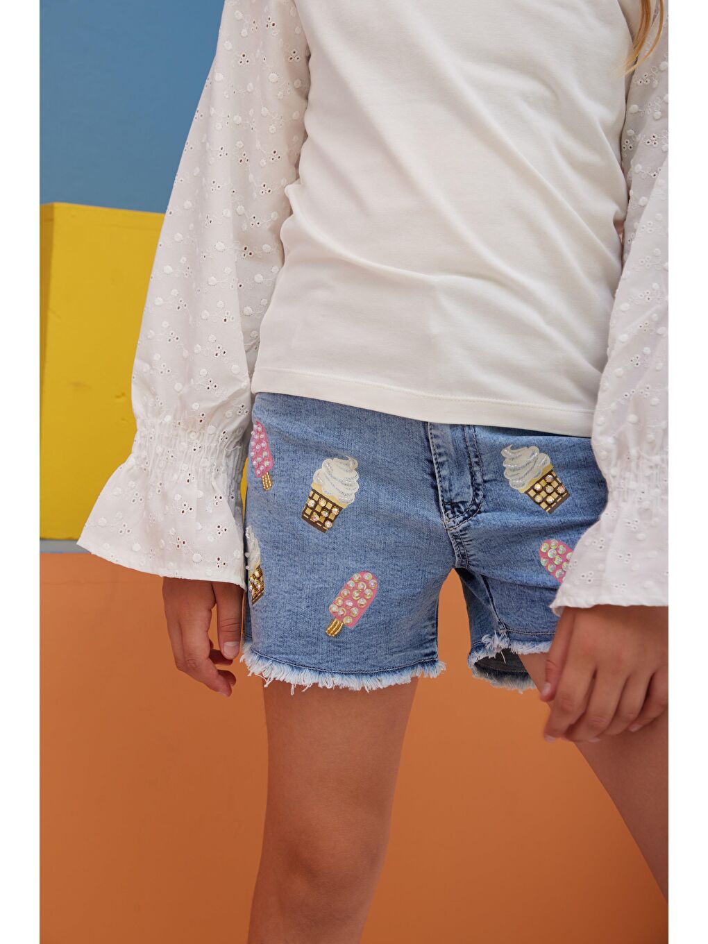 Mavi Kız Çocuk Dondurmalı Jean Şort-3
