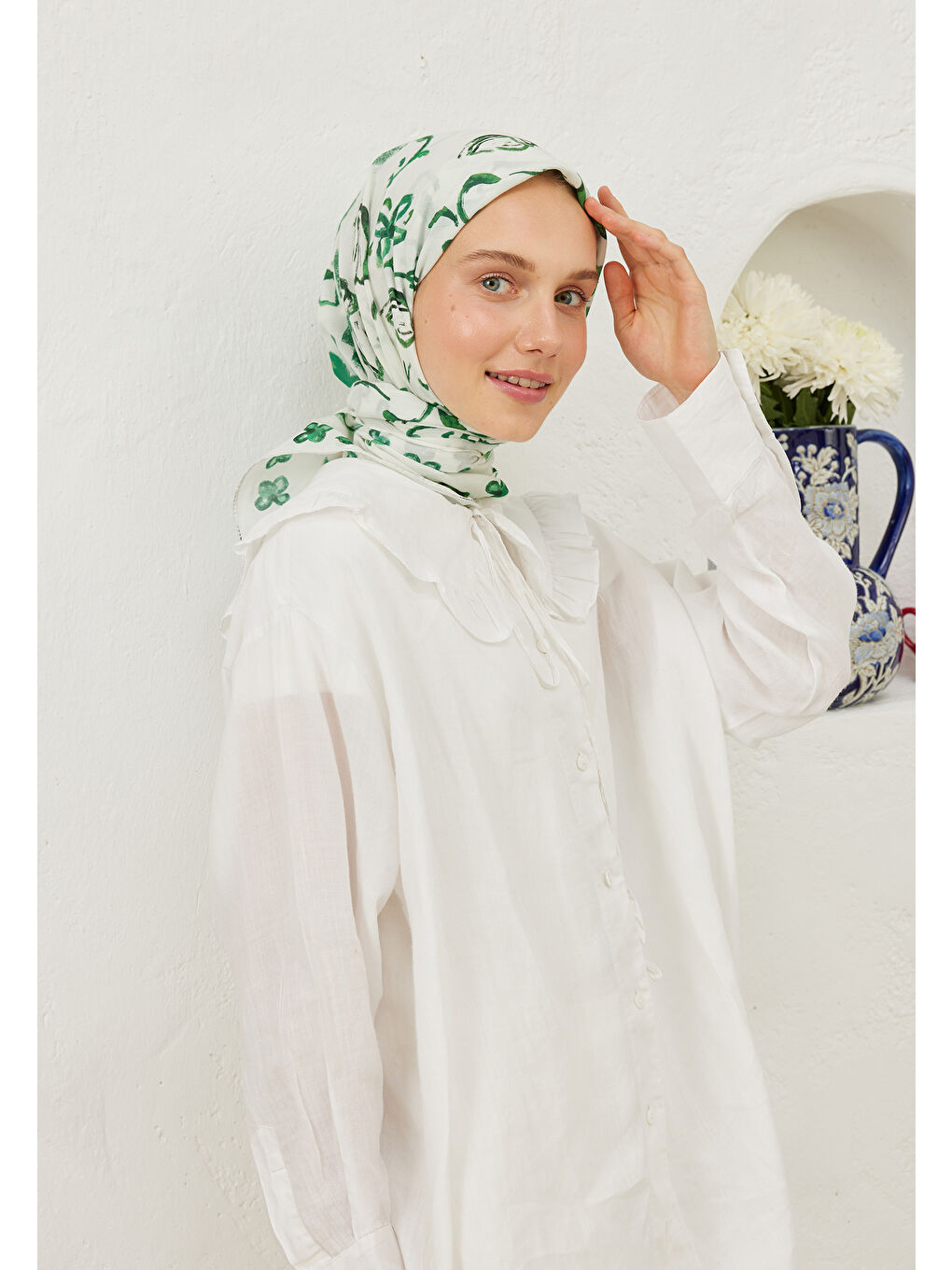 Amore Desen Pamuk Vual Eşarp Yeşil-1