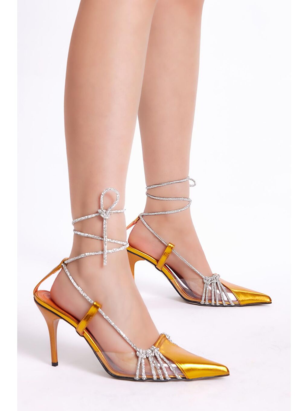 Turuncu Kadın Oranj Gecce Serisi Taş İşlemeli Sivri Burunlu Topuklu Ayakkabı-1