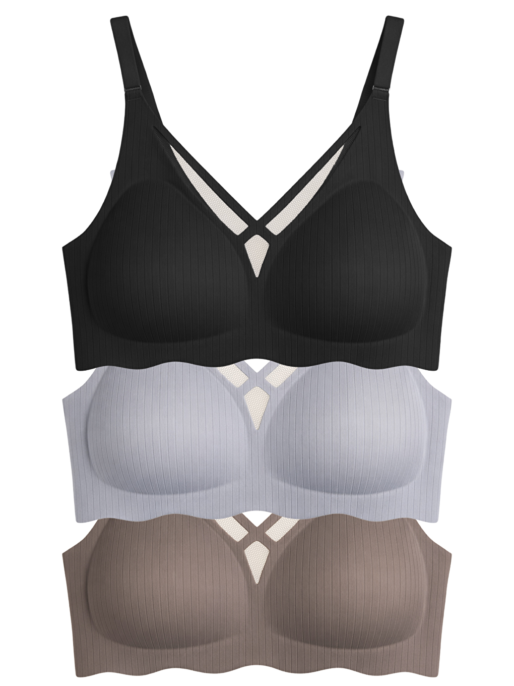 Karışık Seamless Bra - Liny | Lazer Kesim Dikişsiz Çizgi Desenli Dekolteli Kadın Sütyen 3'Lü Paket-2