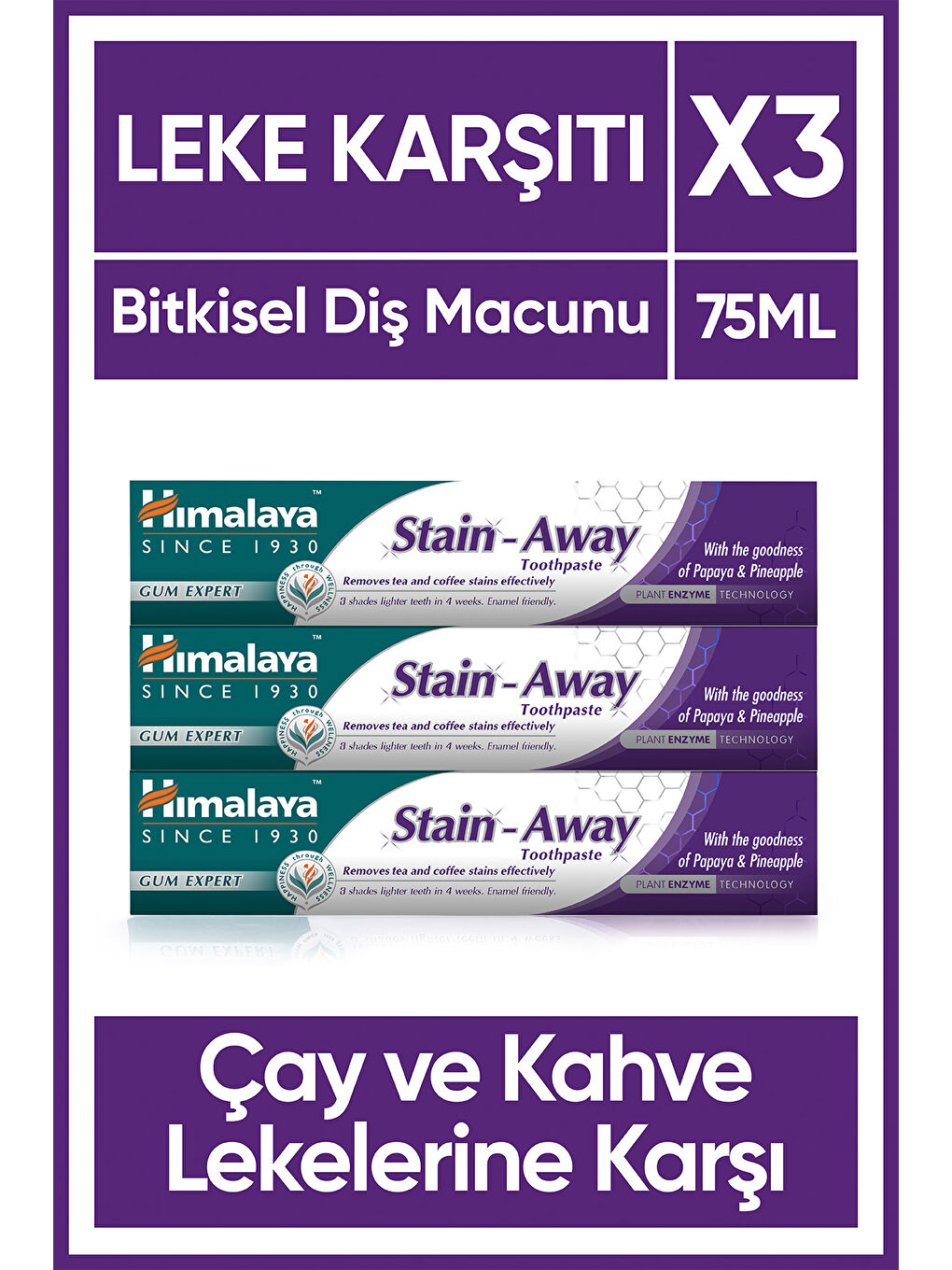 Stain Away Leke Karşıtı Diş Macunu, Bitkisel, Vejetaryen, Florürsüz, Parabensiz, 75 Ml 3 Adet
