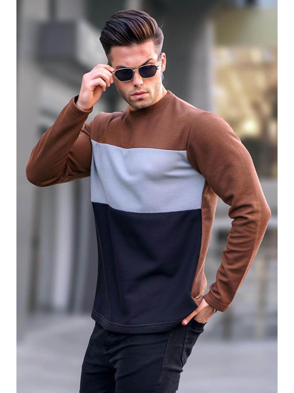 Madmext Kahverengi Renk Bloklu Bisiklet Yaka Sweatshirt 6015