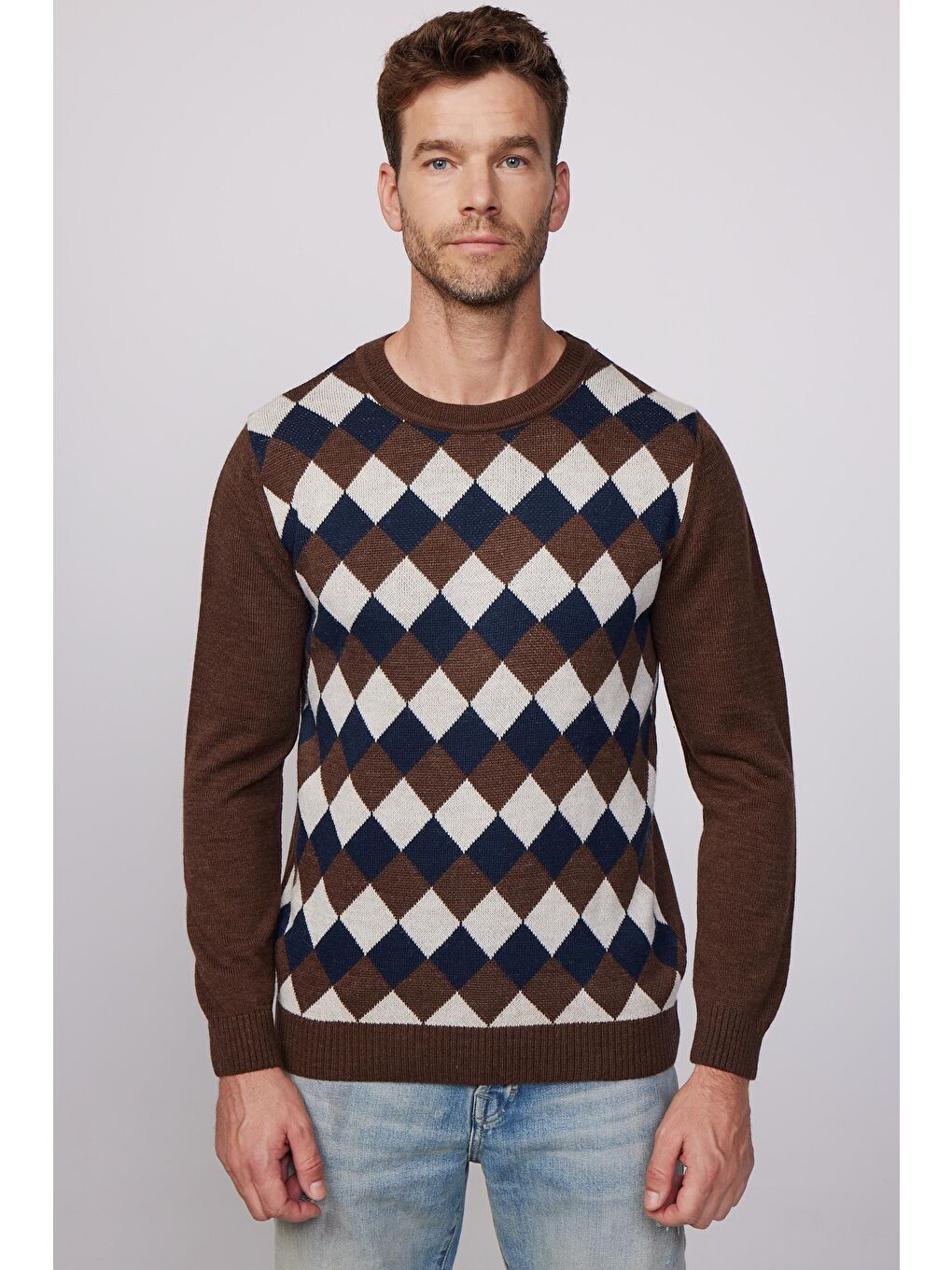 Karışık Slim Fit Bisiklet Yaka Önü Desenli Erkek Kazak