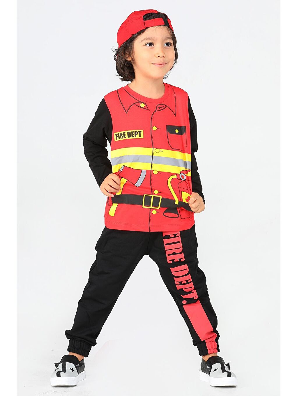 LupiaKids Kırmızı-Siyah Fire Dept. Pantolon Takım