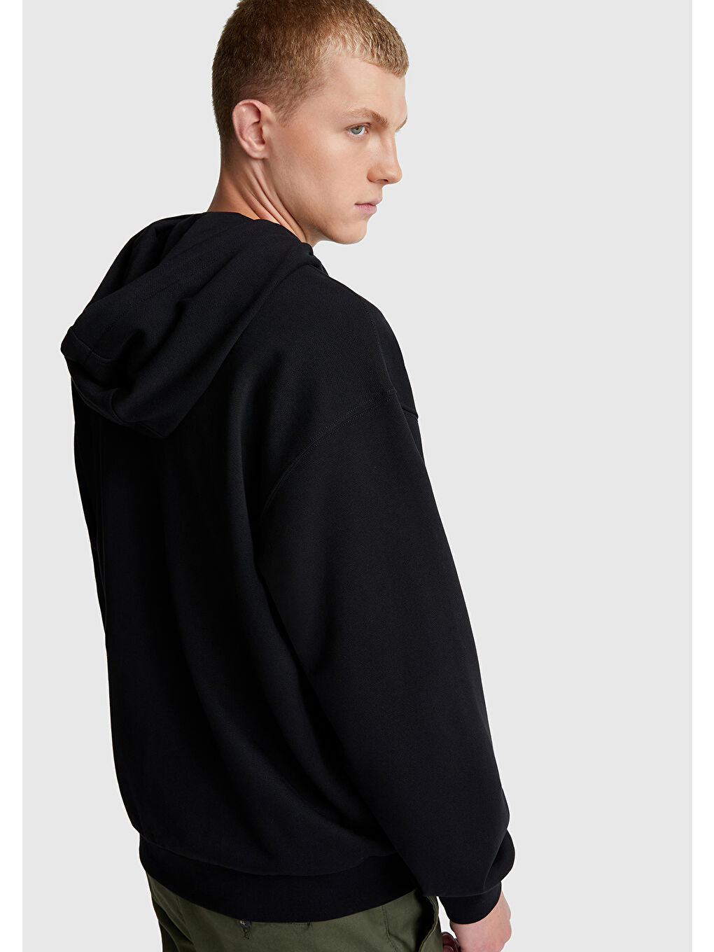 Erkek Siyah  100 Pamuk Dar Kesim  Kapüşonlu %100 Pamuk Fermuarlı Sweatshirt-2