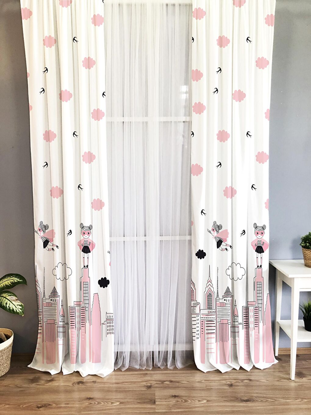 Karışık Süper Kız Desenli Çocuk Ve Bebek Odası TEK KANAT Fon Perde